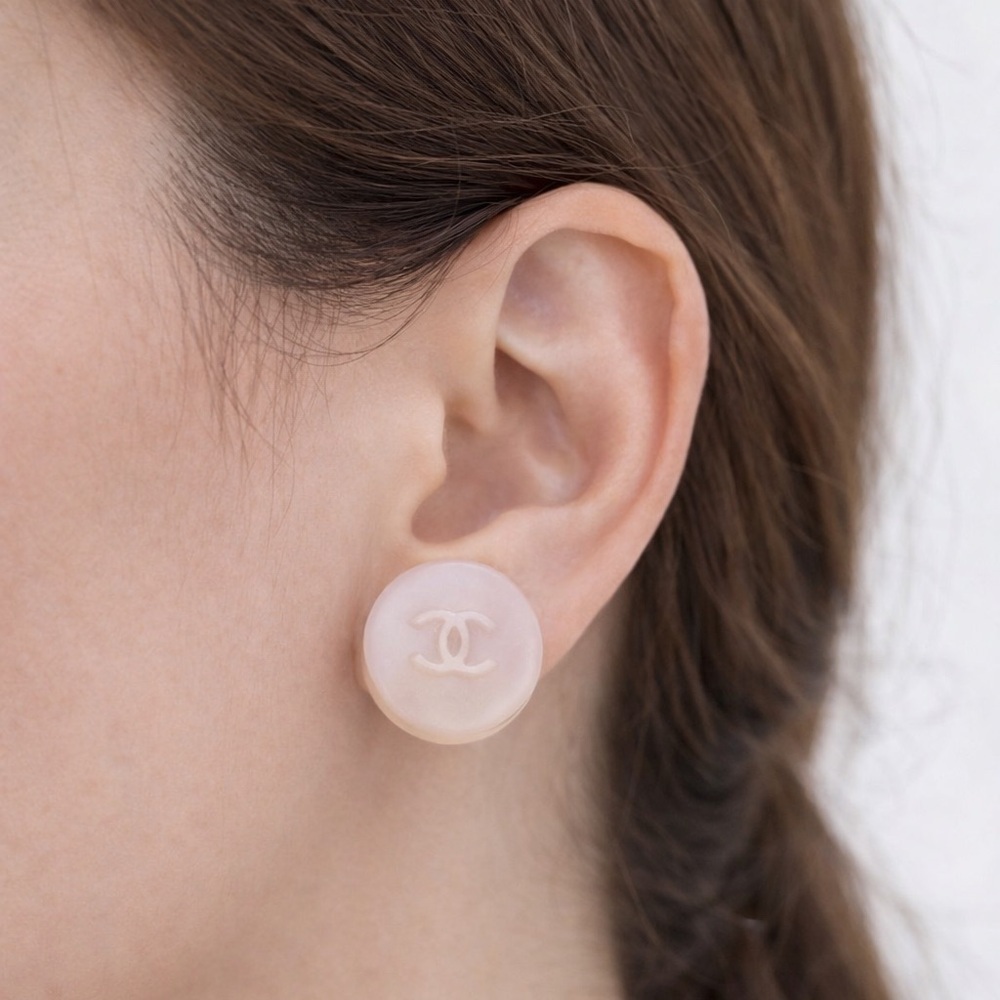 CHANEL White and Pink Iridescent CC Logo Clip Earrings